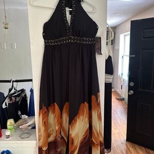 #11 Ambiance Black and Orange Halter Maxi Dress
